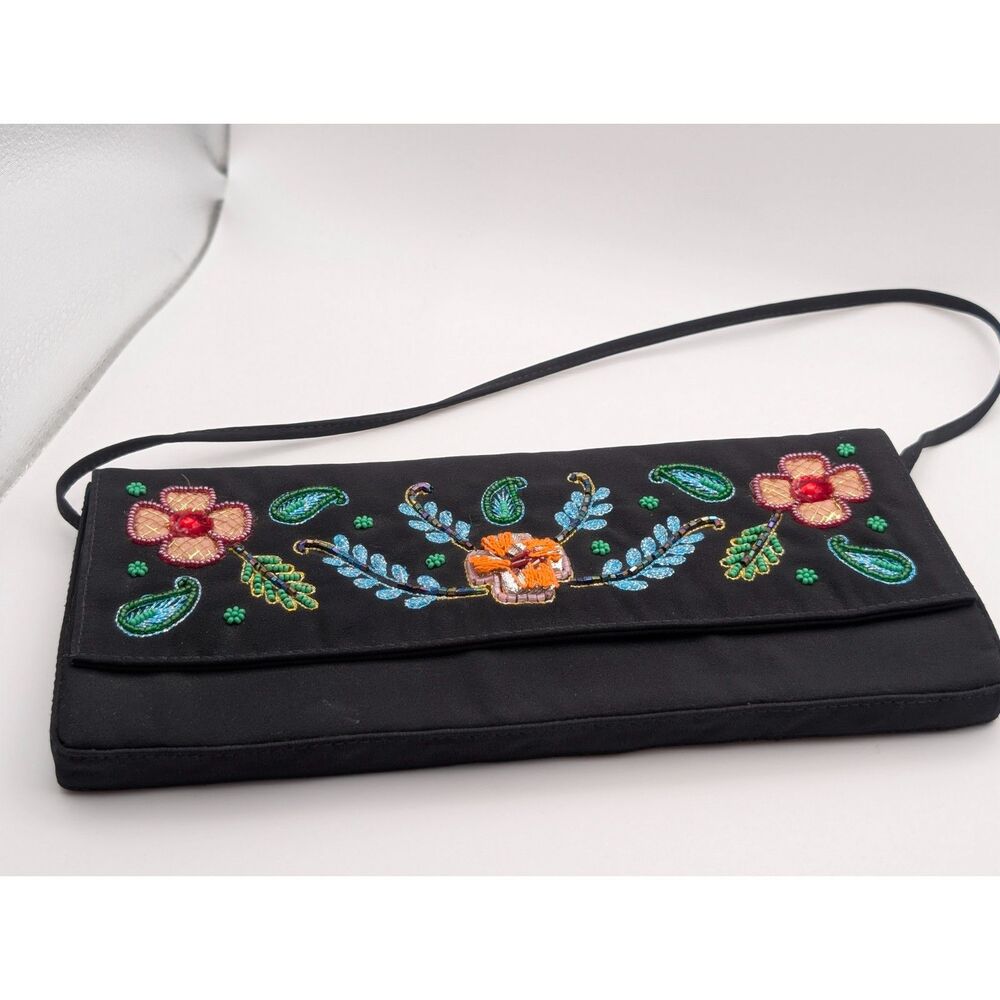 Giuseppe Zanotti Vintage Y2K Designer Evening Bag Black Beaded Satin Handbag - Picture 7 of 13